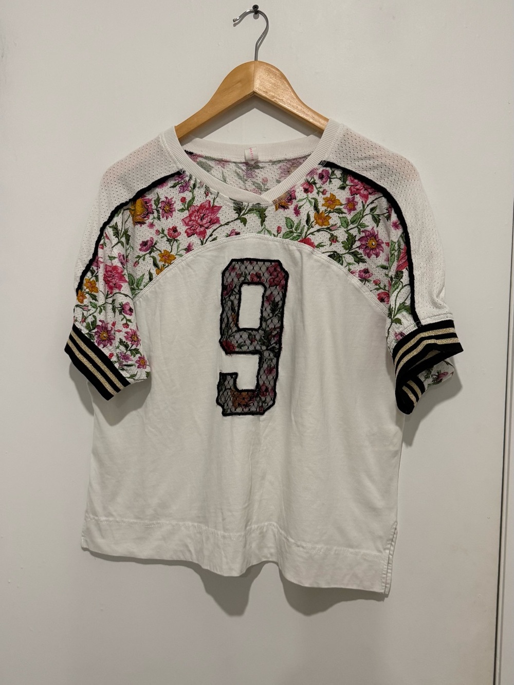 Anthropologie Daily Practice Mesh Short-Sleeve Tee with Number 9 Appliqué